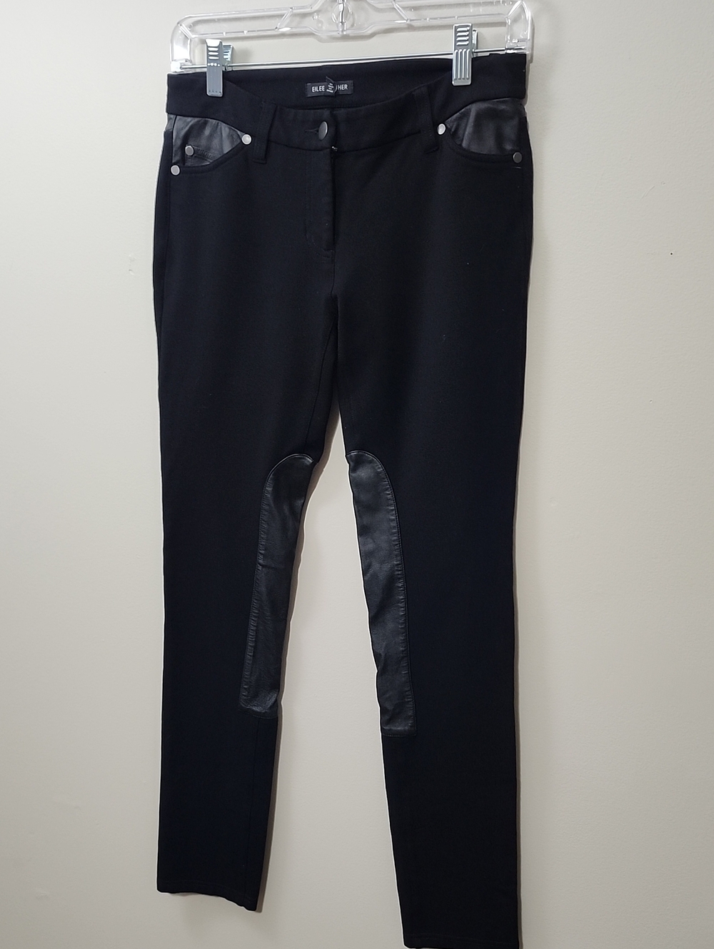 Eileen Fisher Black Equestrian Riding Pants Leather Patches Skinny Minimalist